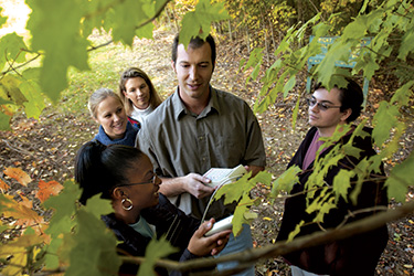 photo of a professor and students in the woods