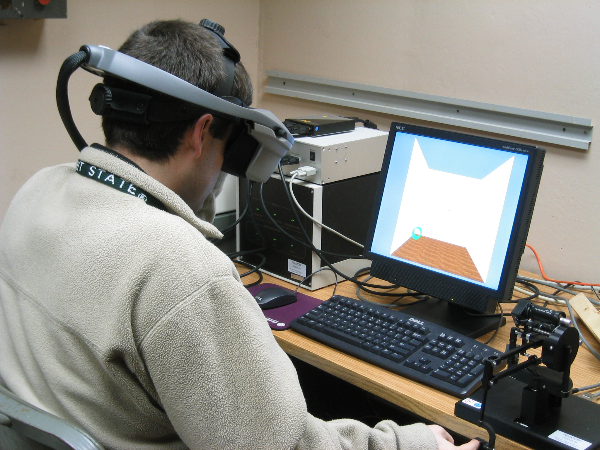 Photo of person wearing a HMD and using a 6DOF Phantom
